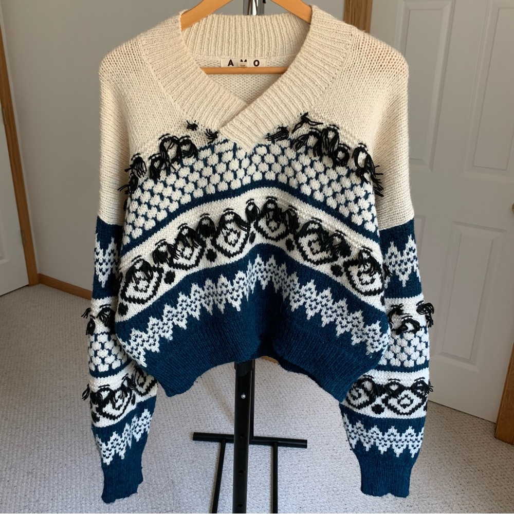 AMO Fringe Fair Isle Knit Pullover Sweater Alpaca Wool